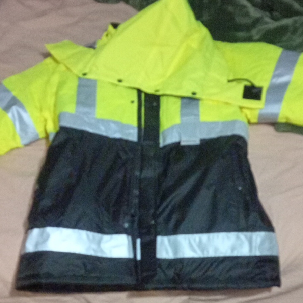 High-Visibility Yellow and Black Raincoat with Reflective Stripes